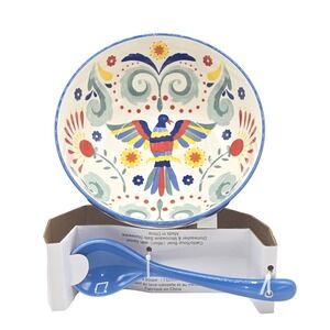 SH Home Multicolor Floral Bird Ceramic Ramen Soup Bowl 48oz With Spoon